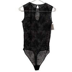 Auden Black Floral Lace Sleeveless Bodysuit Sheer Keyhole Back Large